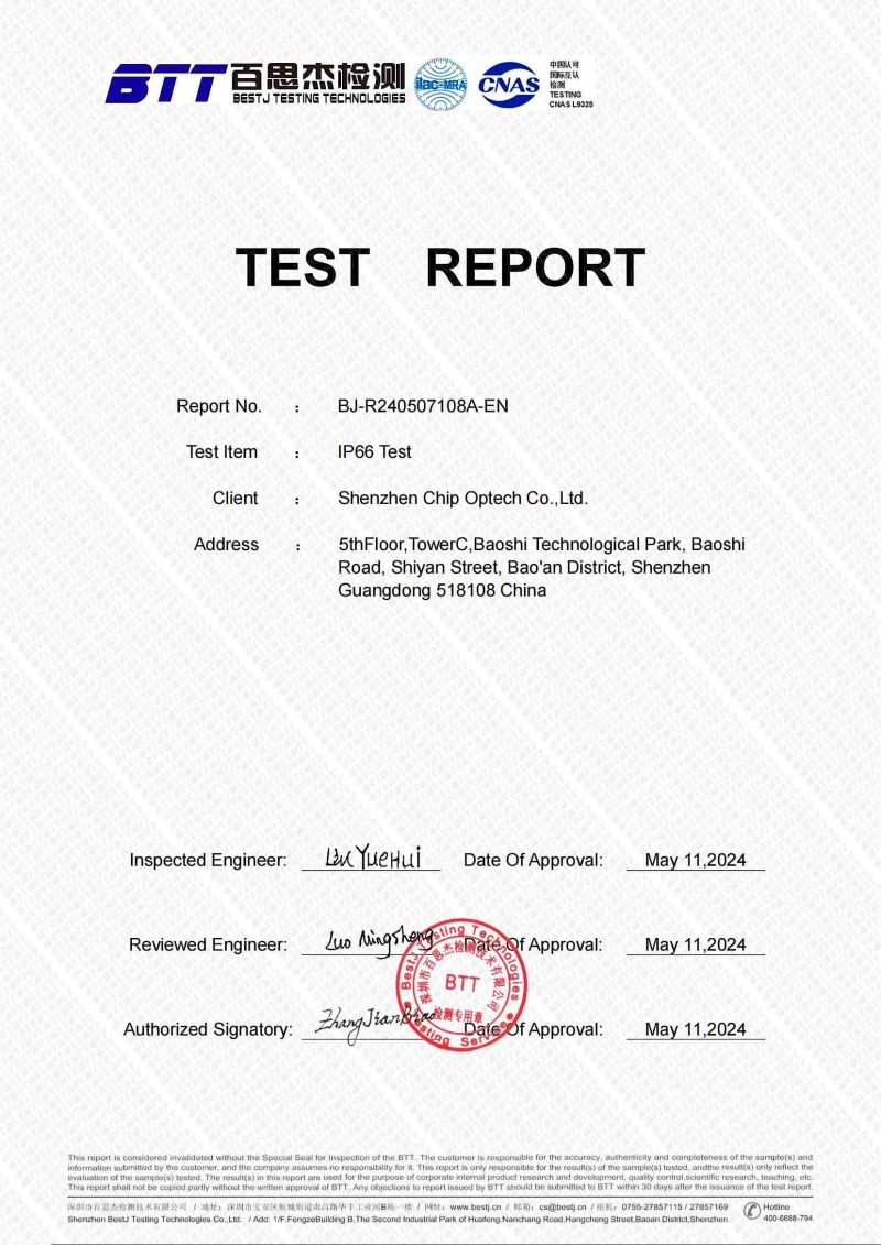 Rapporto di prova di grado IP66 della serie Chipshow C-Slim